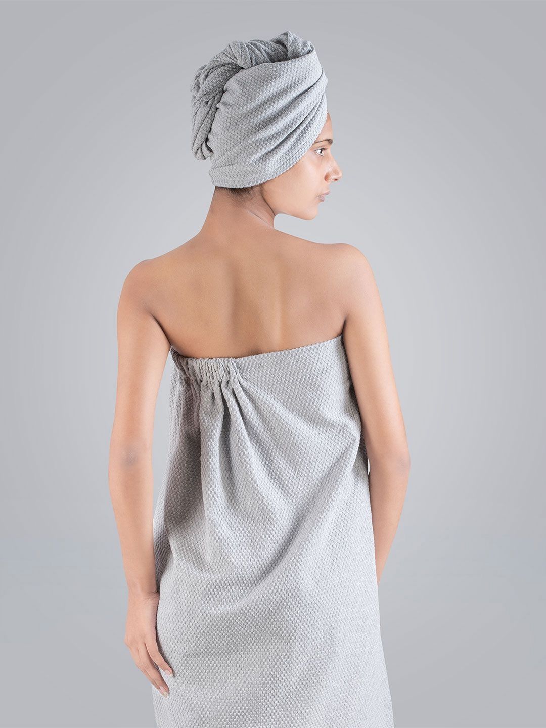 MYTRIDENT Grey Cotton Bath Robe With HeadWrap