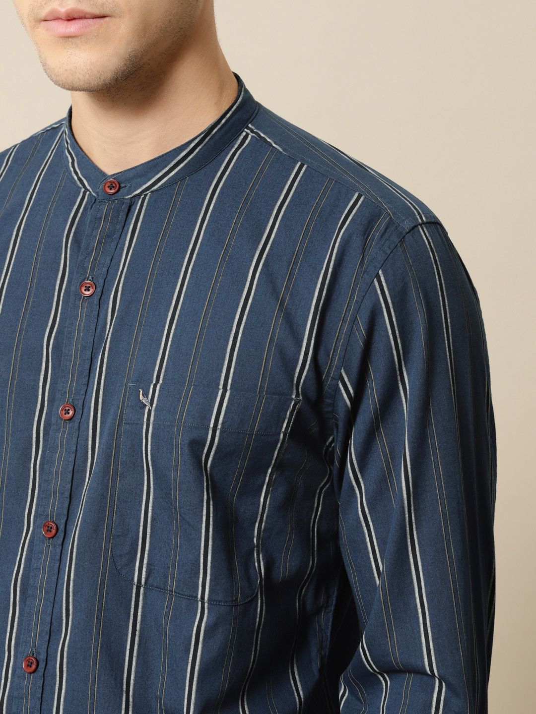 Mr Bowerbird Men Navy Blue & Black Tailored Fit Striped Casual Shirt