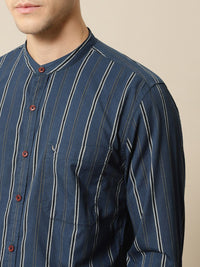 Mr Bowerbird Men Navy Blue & Black Tailored Fit Striped Casual Shirt
