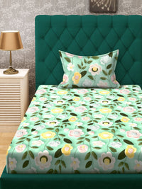KLOTTHE Green & Pink Floral Printed Fitted 300 TC Single 7D Bedsheet With 2 Pillow Cover