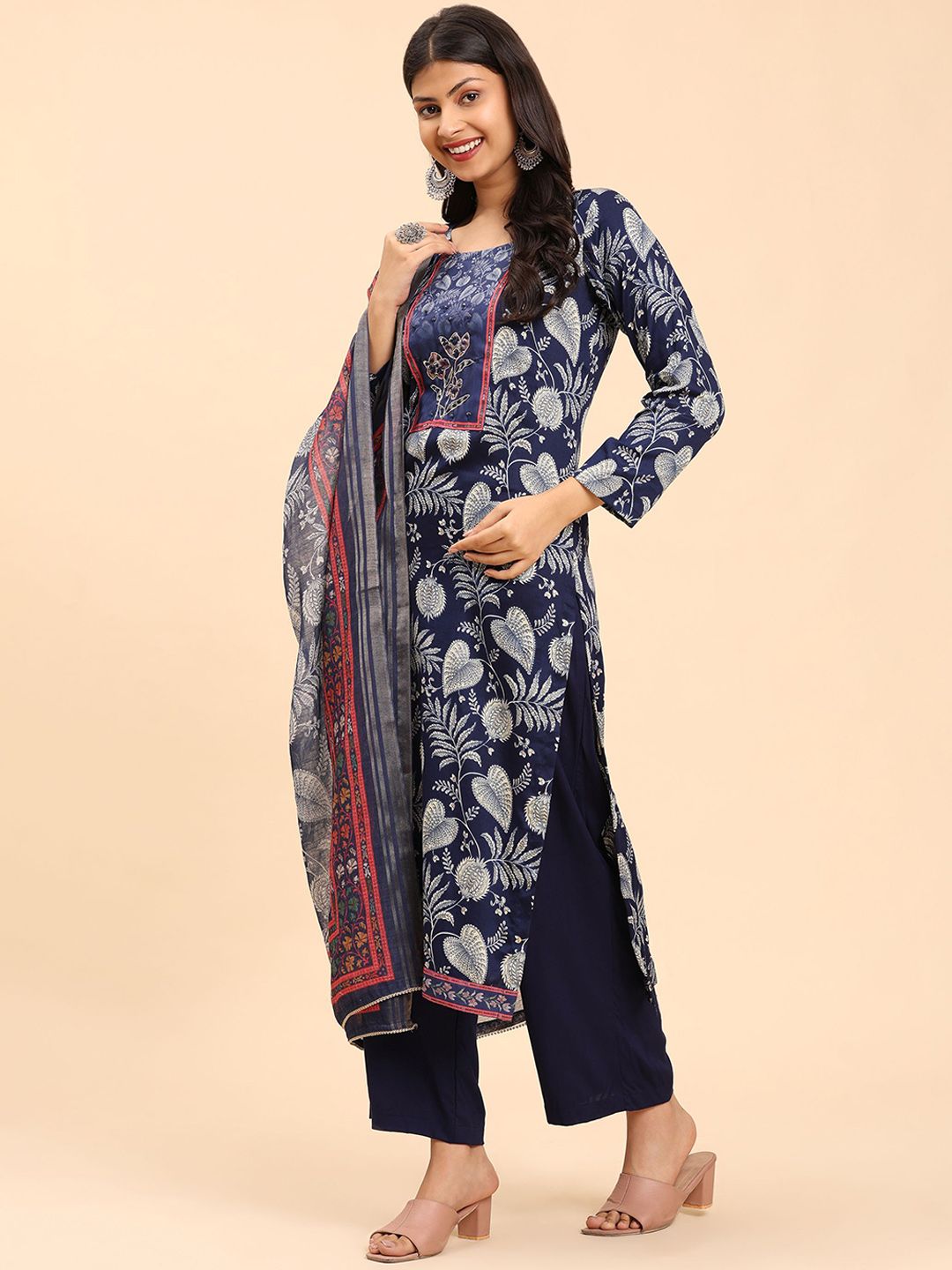 Mamicha Wanita Bercetak Kurta Kapas Tulen Biasa dengan Palazzos & Dengan Dupatta