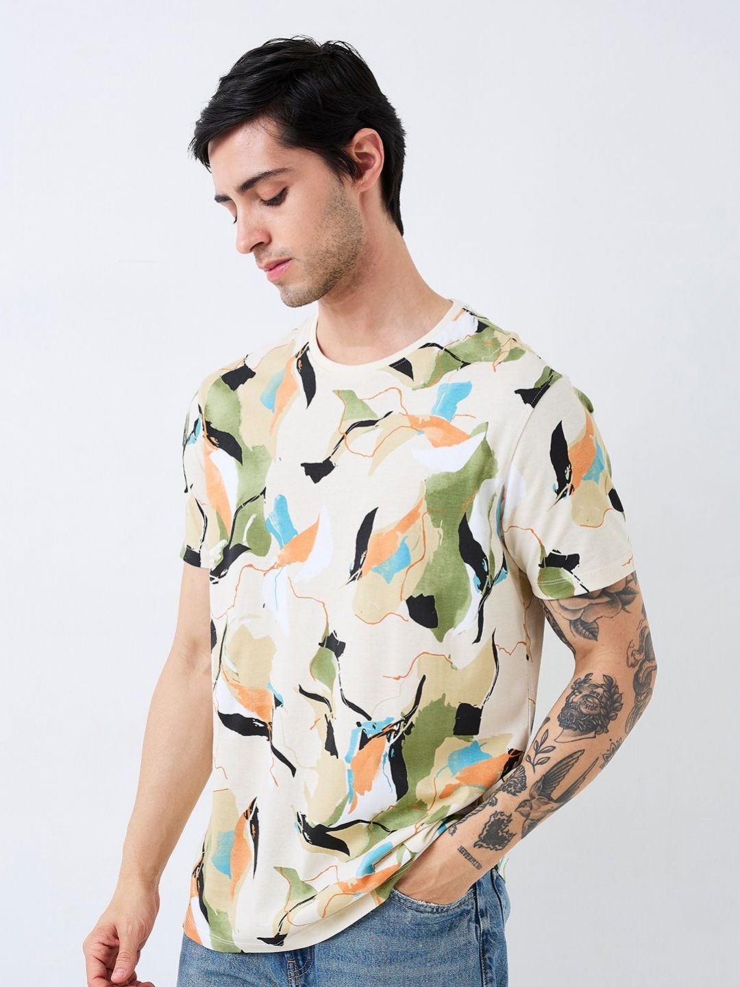 SPYKAR Men Abstract Printed Round Neck Cotton Slim Fit T-shirt