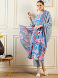 Indo Era Floral Printed Pure Cotton Kurta With Trousers & Dupatta