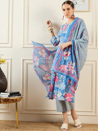 Indo Era Floral Printed Pure Cotton Kurta With Trousers & Dupatta