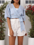 DressBerry Stylish Petal Strip Print Semi Sheer Crop Wrap Top With Inner Slip