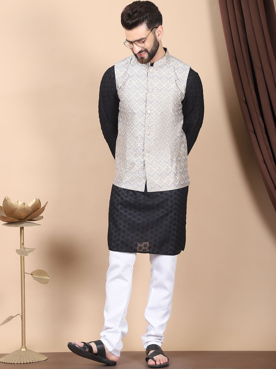 Anouk Black Floral Embroidered Thread Work Pure Cotton Kurta with Churidar & Nehru Jacket
