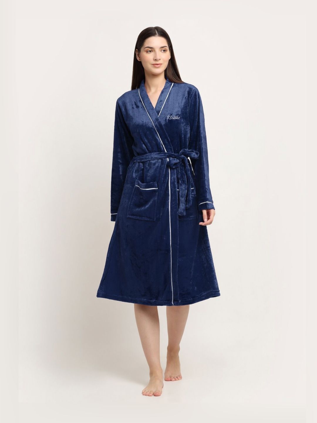 KLOTTHE Blue Woolen Long Sleeves Bath Robe With Belt