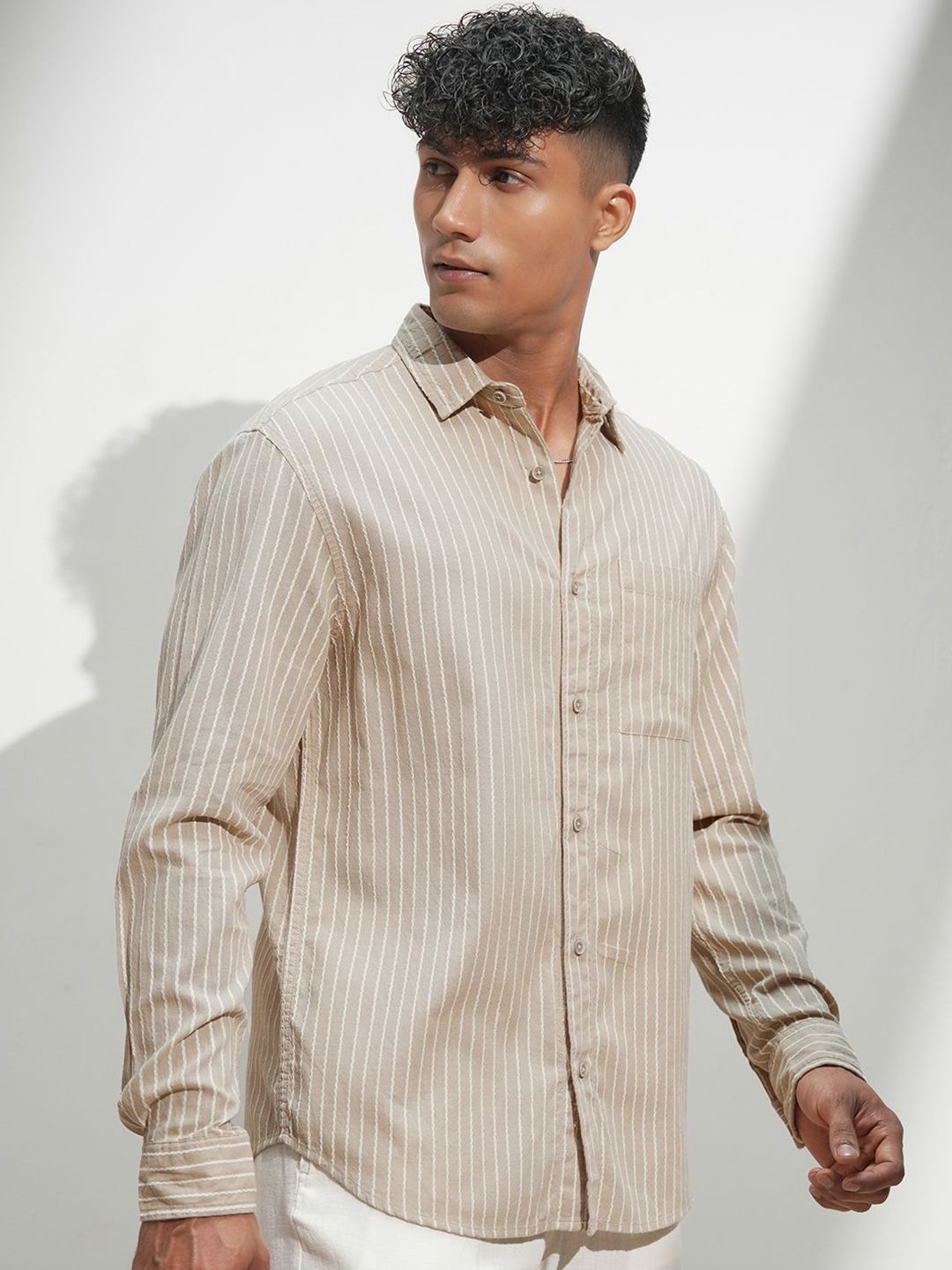 HIGHLANDER Men Comfort Relaxed Fit Vertical Striped Spread Collar Casual Shirt