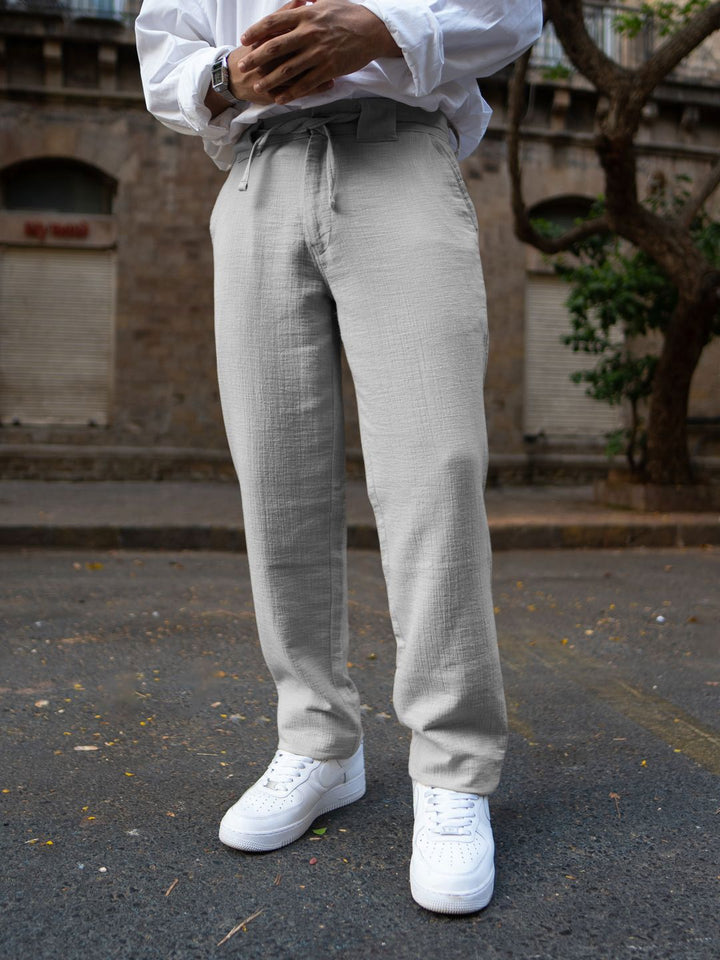Powerlook Men Grey Regular Fit Crinkled Cotton Trousers
