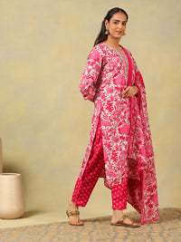 Mamicha Women Floral Printed Regular Thread Work Pure Cotton Kurta with Trousers & With Dupatta
