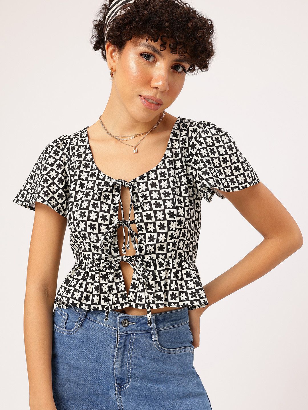 DressBerry Checked-Out Chic Floral Monochrome Peplum Top