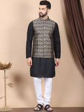 Anouk Black Floral Embroidered Thread Work Pure Cotton Kurta with Churidar & Nehru Jacket