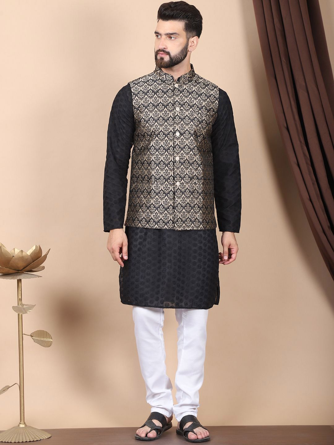 Anouk Black Floral Embroidered Thread Work Pure Cotton Kurta with Churidar & Nehru Jacket