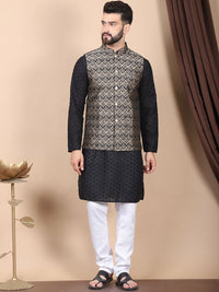 Anouk Black Floral Embroidered Thread Work Pure Cotton Kurta with Churidar & Nehru Jacket