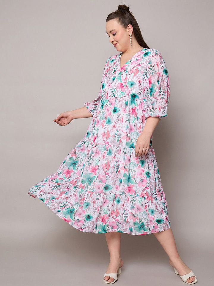 SASSAFRAS Women Plus Size Floral Print Georgette Midi Dress