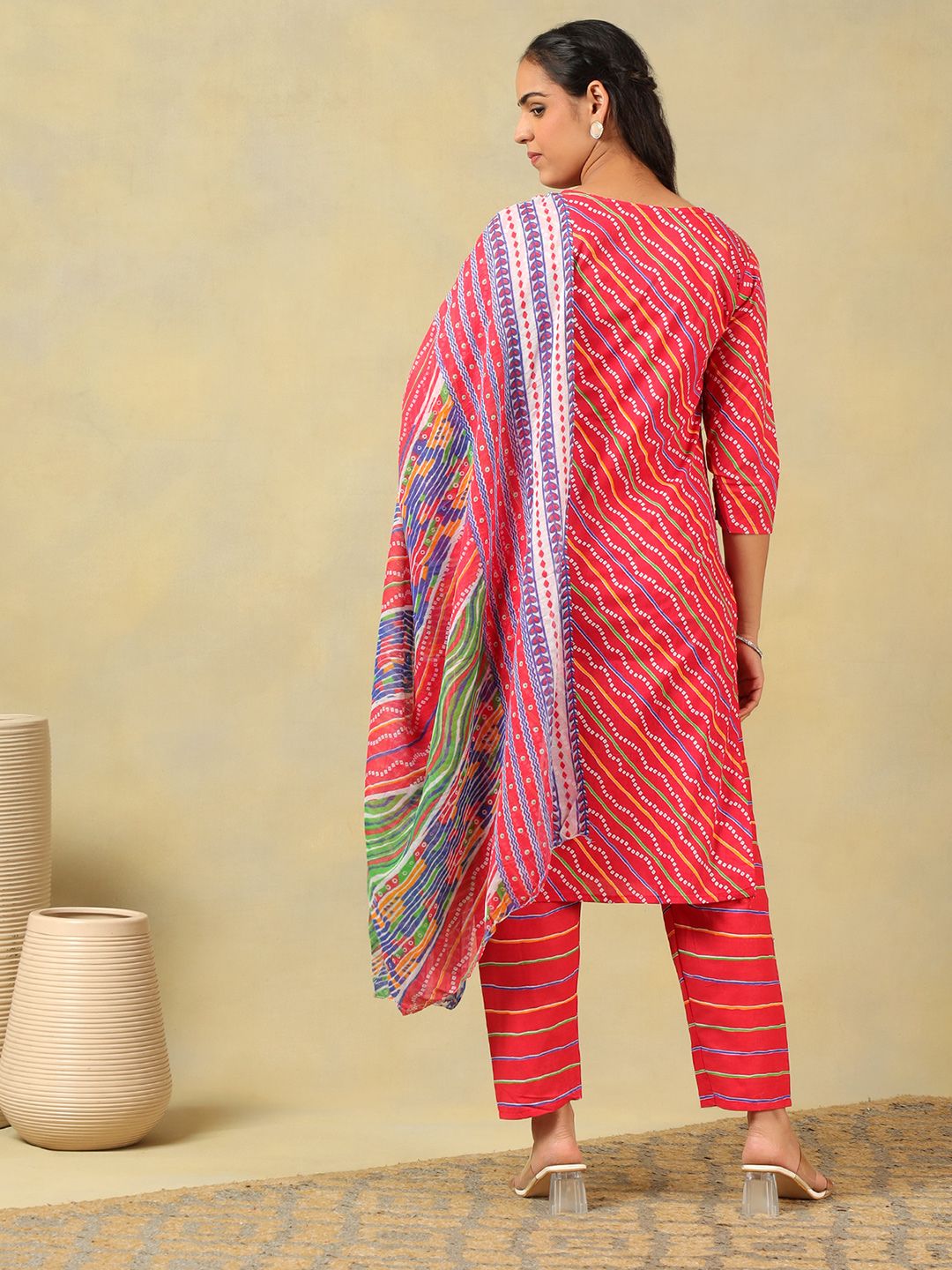 Cermin Bercetak Mamicha Leheriya Berfungsi Kurta Kapas Tulen dengan Seluar & Dengan Dupatta