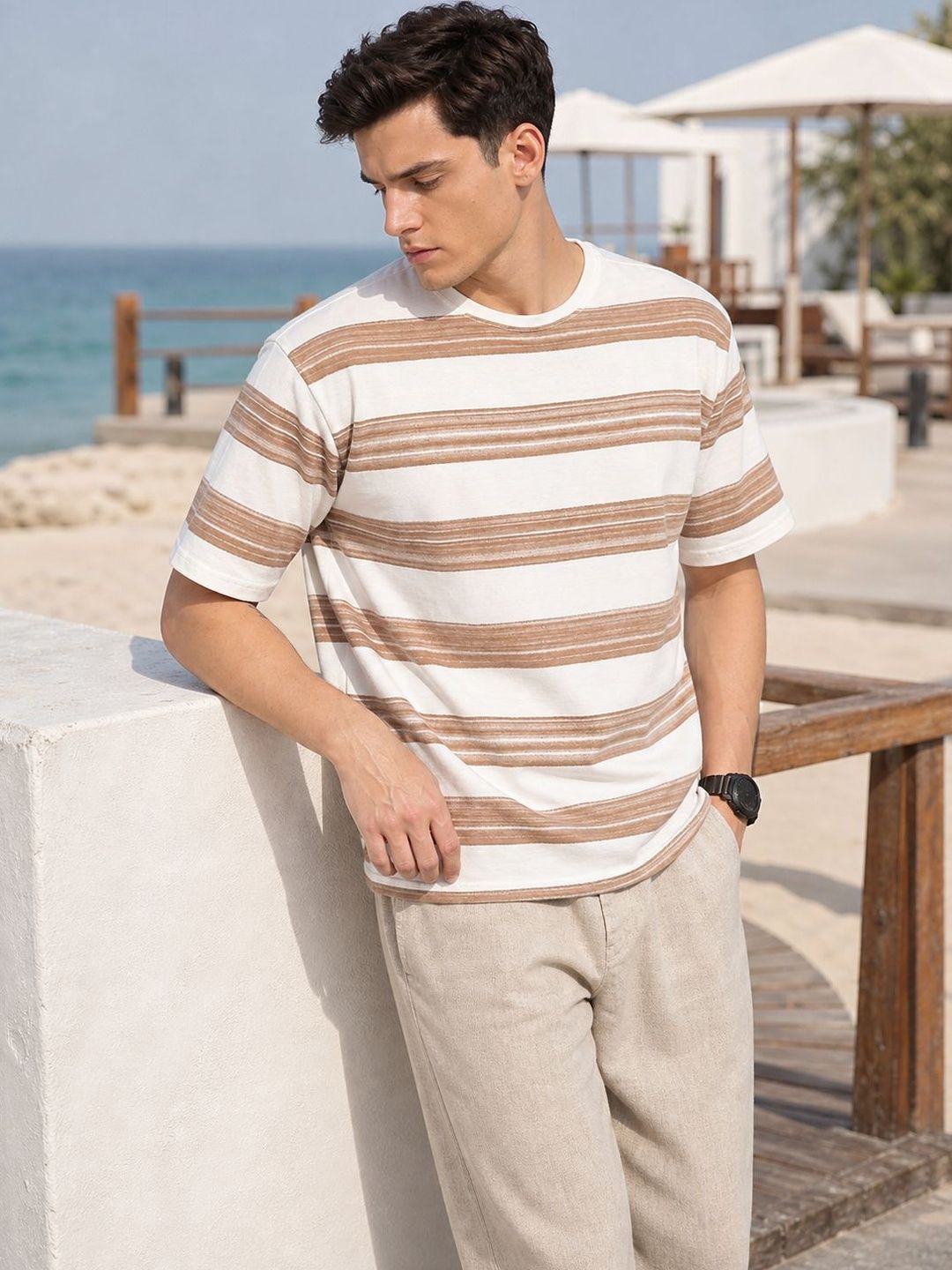 Eszett Brushed Brown Tshirt Striped Cotton Round Neck Drop-Shoulder Sleeves Oversized Fit T-shirt