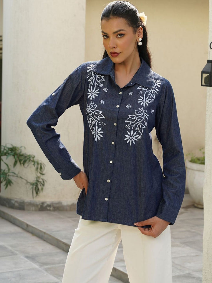 House of Chikankari Chikankari Solid Women's Shirt-dark Blue Shirts
