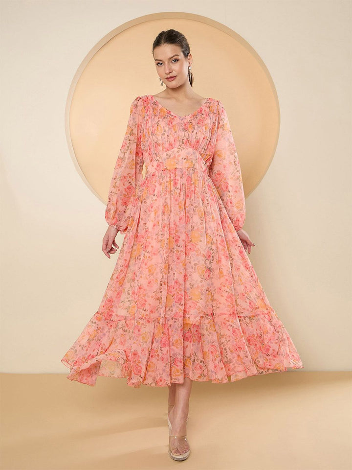 Antheaa Floral Print Bell Sleeve Chiffon Fit & Flare Midi Dress