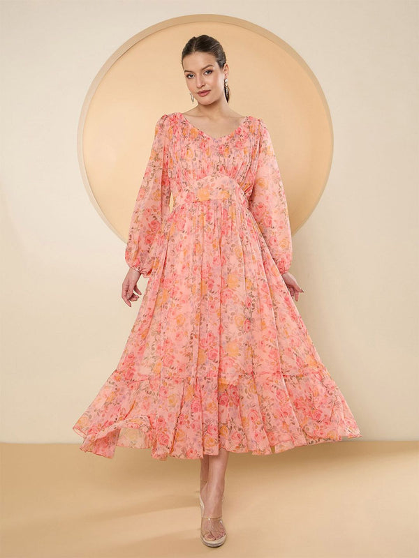 Antheaa Floral Print Bell Sleeve Chiffon Fit & Flare Midi Dress