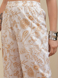 Vishudh White & Beige Floral Printed Pure Cotton Tunic With Trousers