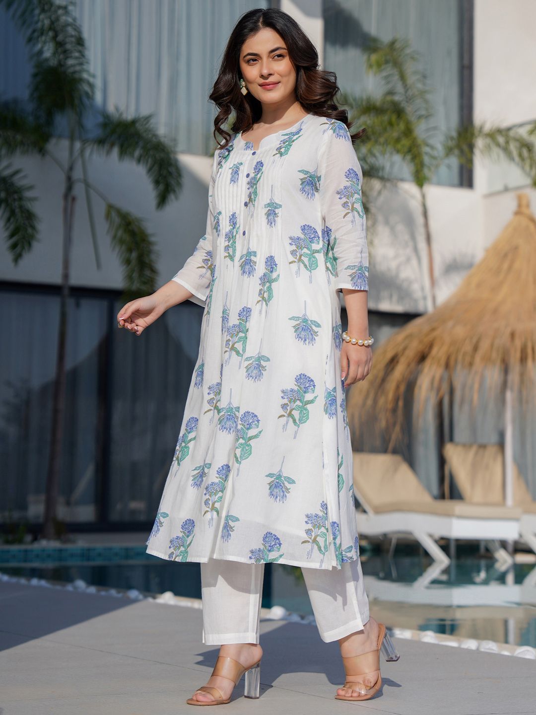 Indo Era Floral Printed Round Neck Panelled A-Line Pure Cotton Kurta With Trousers