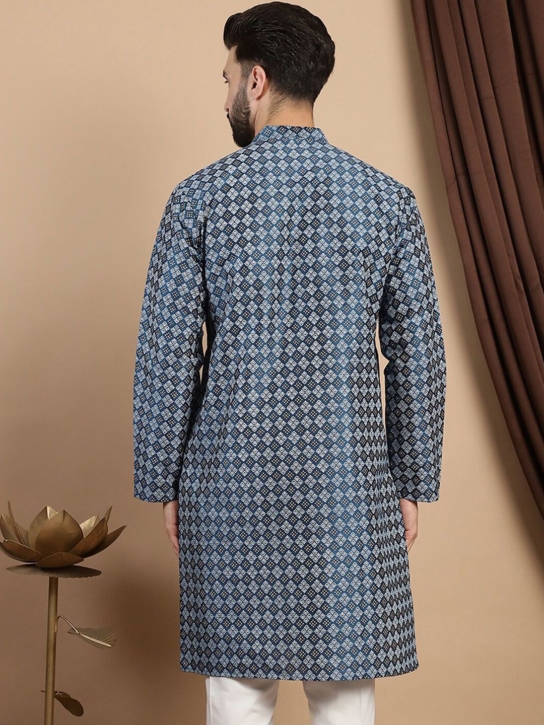Kurta Kolar Mandarin Bercetak Anouk Teal Biru Geometrik