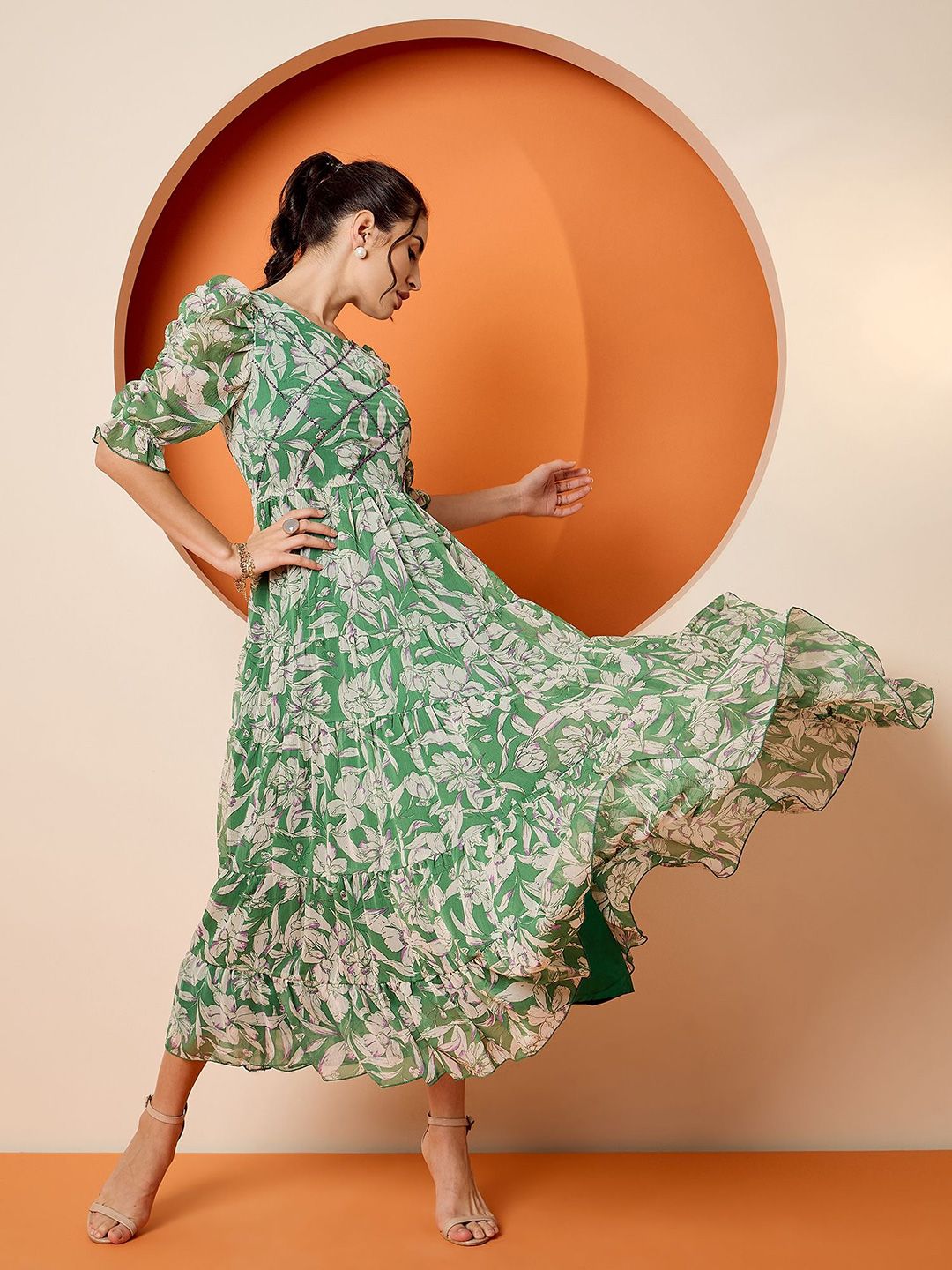 Antheaa Women Tropical Embellished Flutter Sleeve Chiffon Fit & Flare Dress