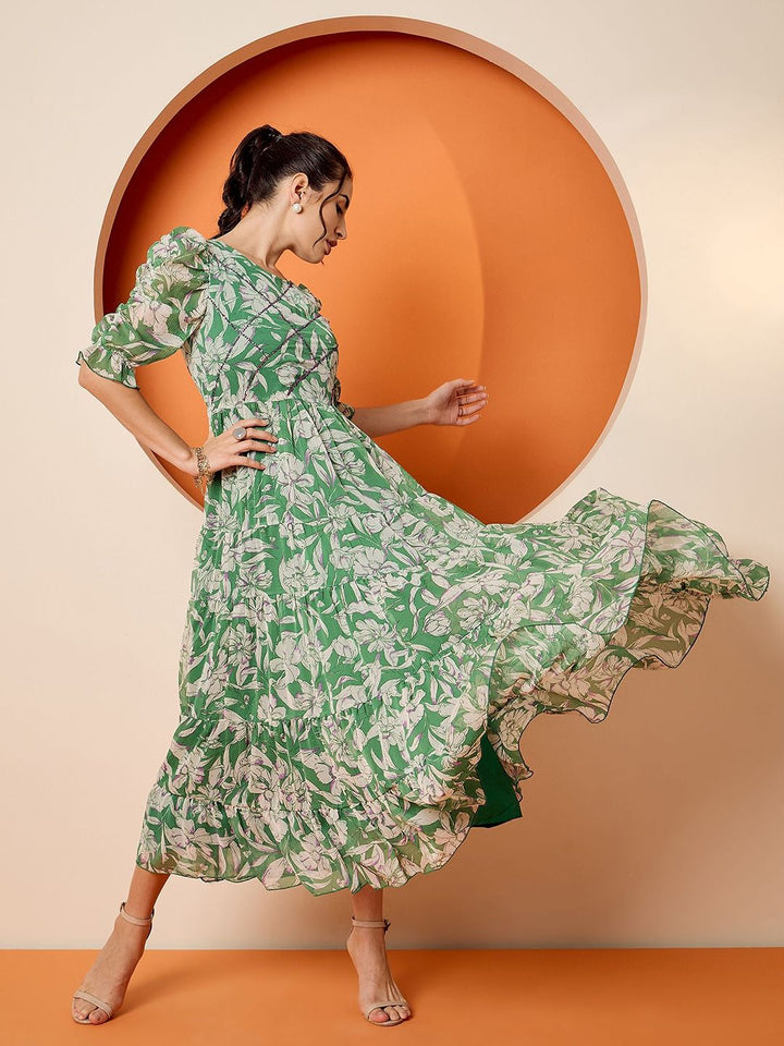 Antheaa Women Tropical Embellished Flutter Sleeve Chiffon Fit & Flare Dress