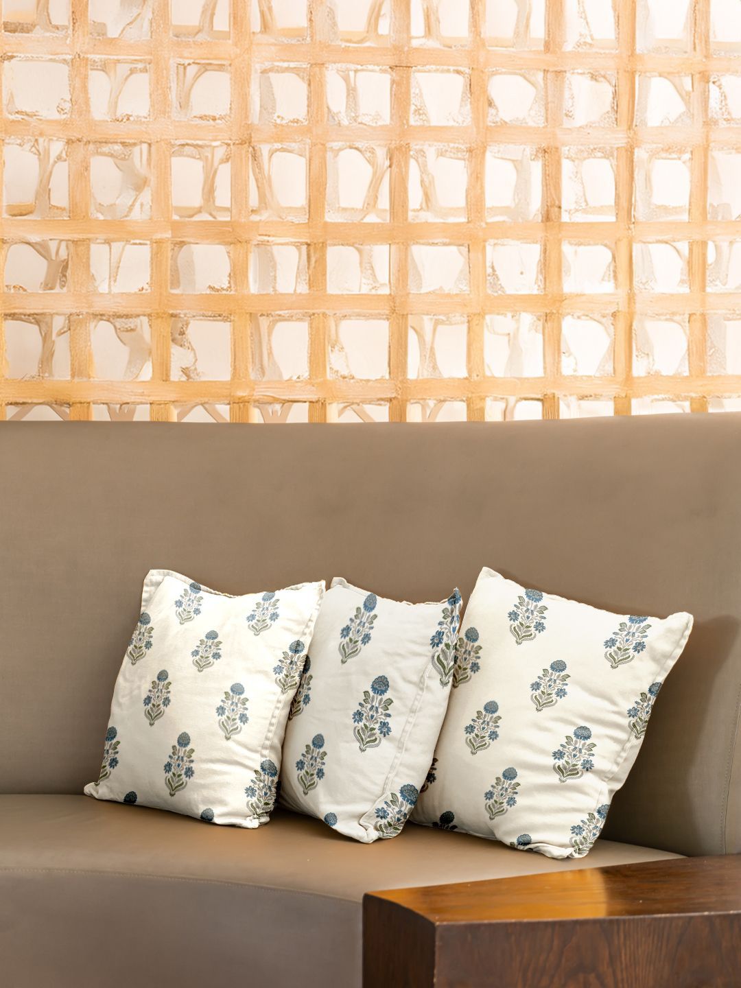 URBAN SPACE Blue & Cream-Coloured 3 Pieces Floral Printed Cotton Square Cushion Covers