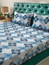 KLOTTHE Blue Floral Pure Cotton 400 TC Fitted King Fine Bedsheet dengan 2 Sarung Bantal-98 x 89 inci