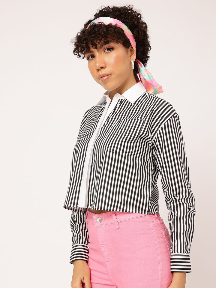 DressBerry Monochrome Stripes Contrast Placket Crop Shirt