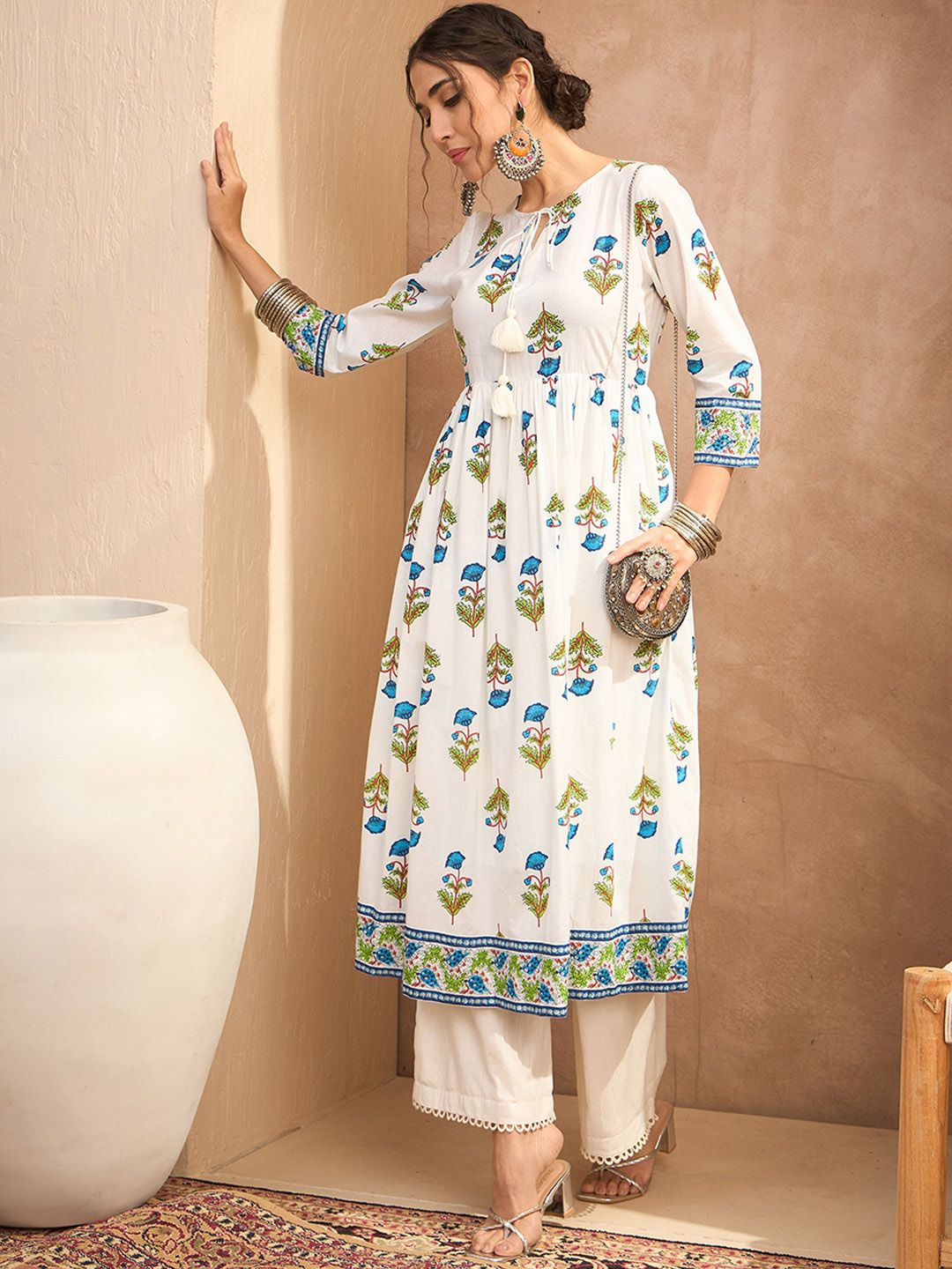 Shae by SASSAFRAS Floral Block Printed Keyhole Neck Anarkali Pure Cotton Kurta