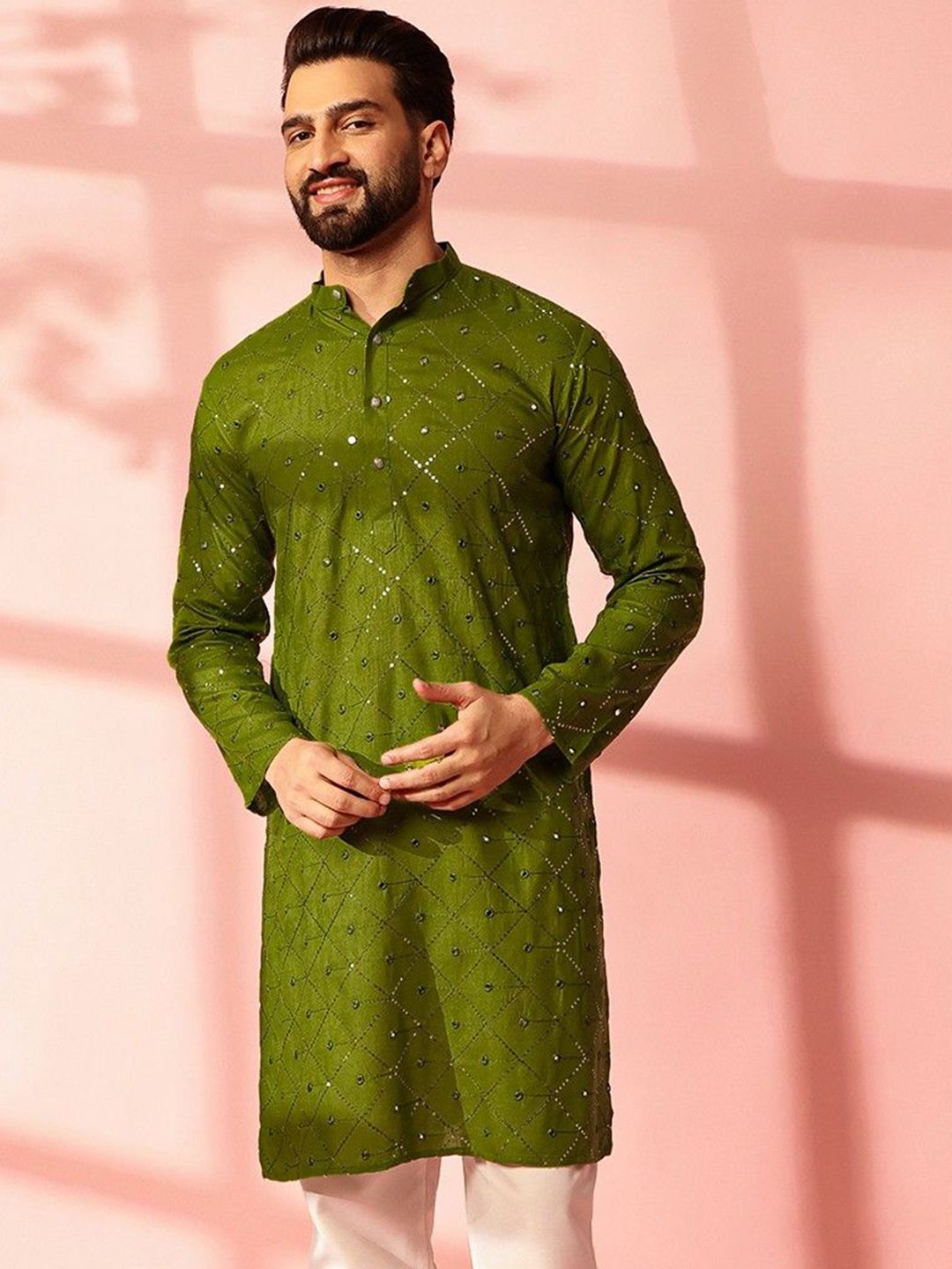 Anouk Geometric Embellished Mirror Work Cotton Straight Kurta