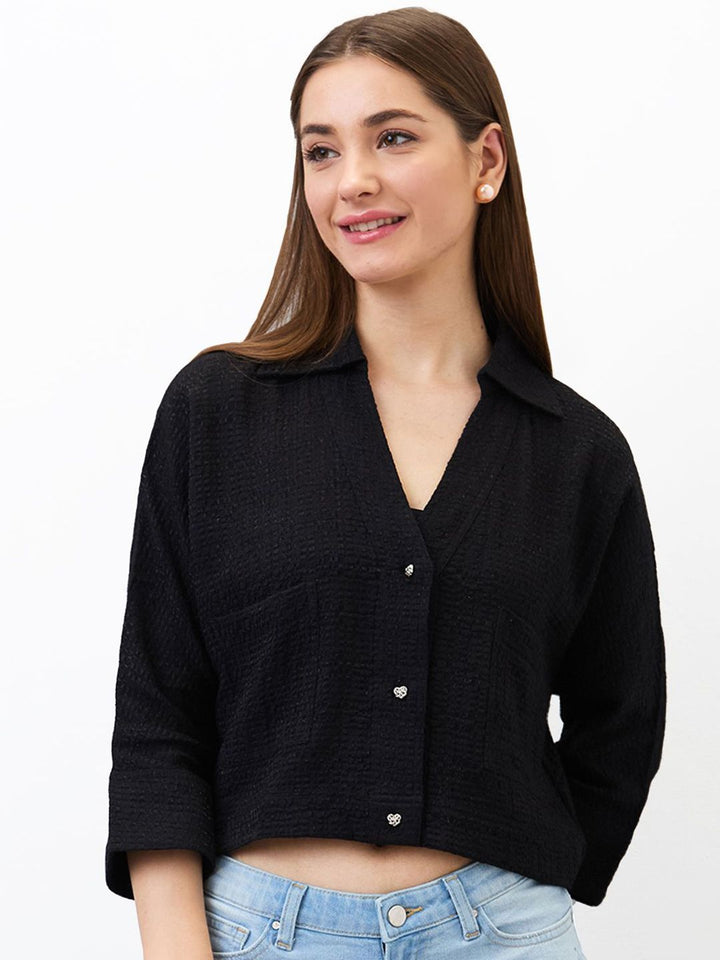 SPYKAR Women Boxy Fit Spread Collar Textured Casual Shirt