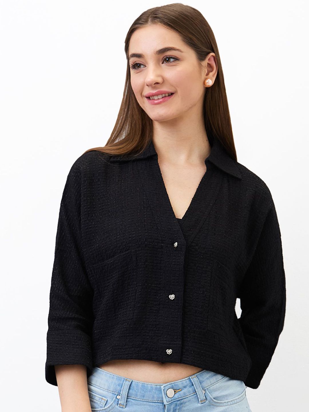 SPYKAR Women Boxy Fit Spread Collar Textured Casual Shirt