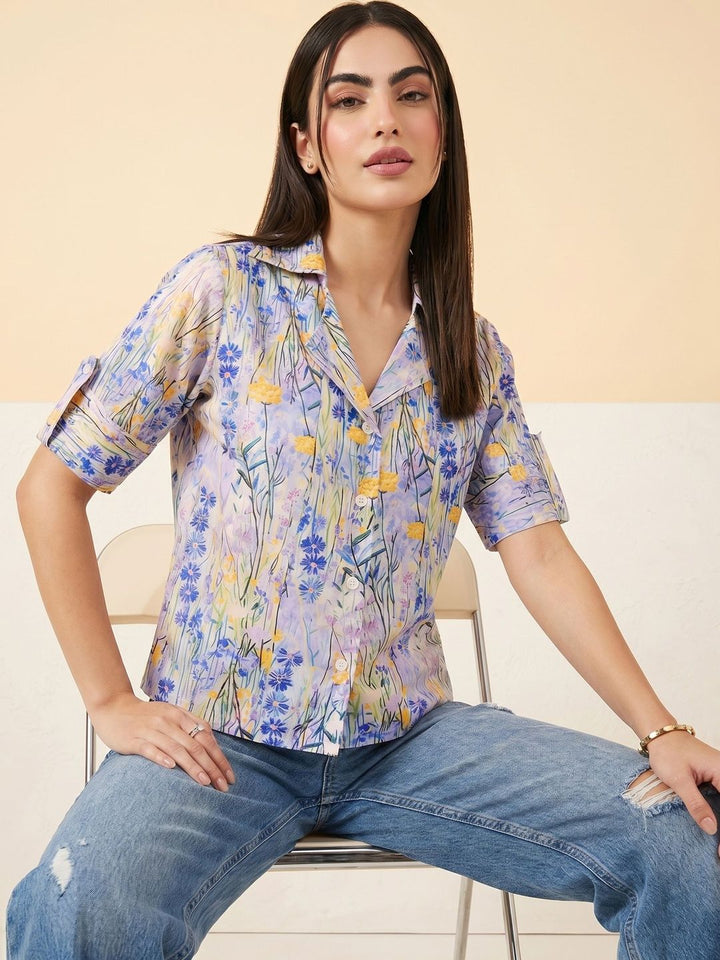 Mamicha Floral Print Roll-Up Sleeves Shirt Style Top