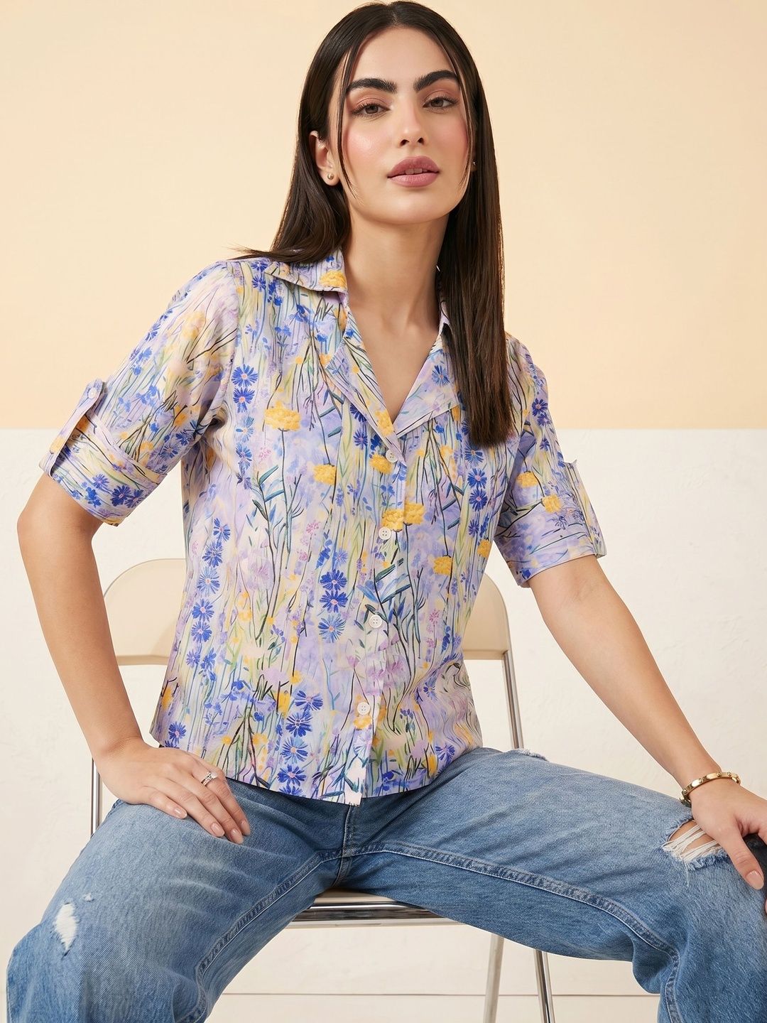 Mamicha Floral Print Roll-Up Sleeves Shirt Style Top