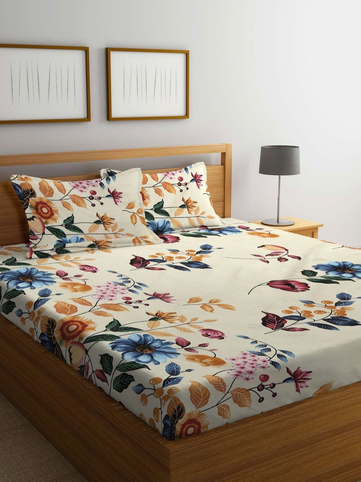 Myntra Elegant Homes Cream Floral Polycotton 300 TC Fitted King Cadar Tempat Tidur Halus dengan 2 Sarung Bantal-250 x 220 cm