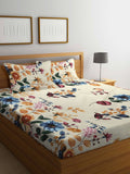 Myntra Elegant Homes Cream Floral Polycotton 300 TC Fitted King Cadar Tempat Tidur Halus dengan 2 Sarung Bantal-250 x 220 cm