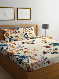Myntra Elegant Homes Cream Floral Polycotton 300 TC Fitted King Cadar Tempat Tidur Halus dengan 2 Sarung Bantal-250 x 220 cm