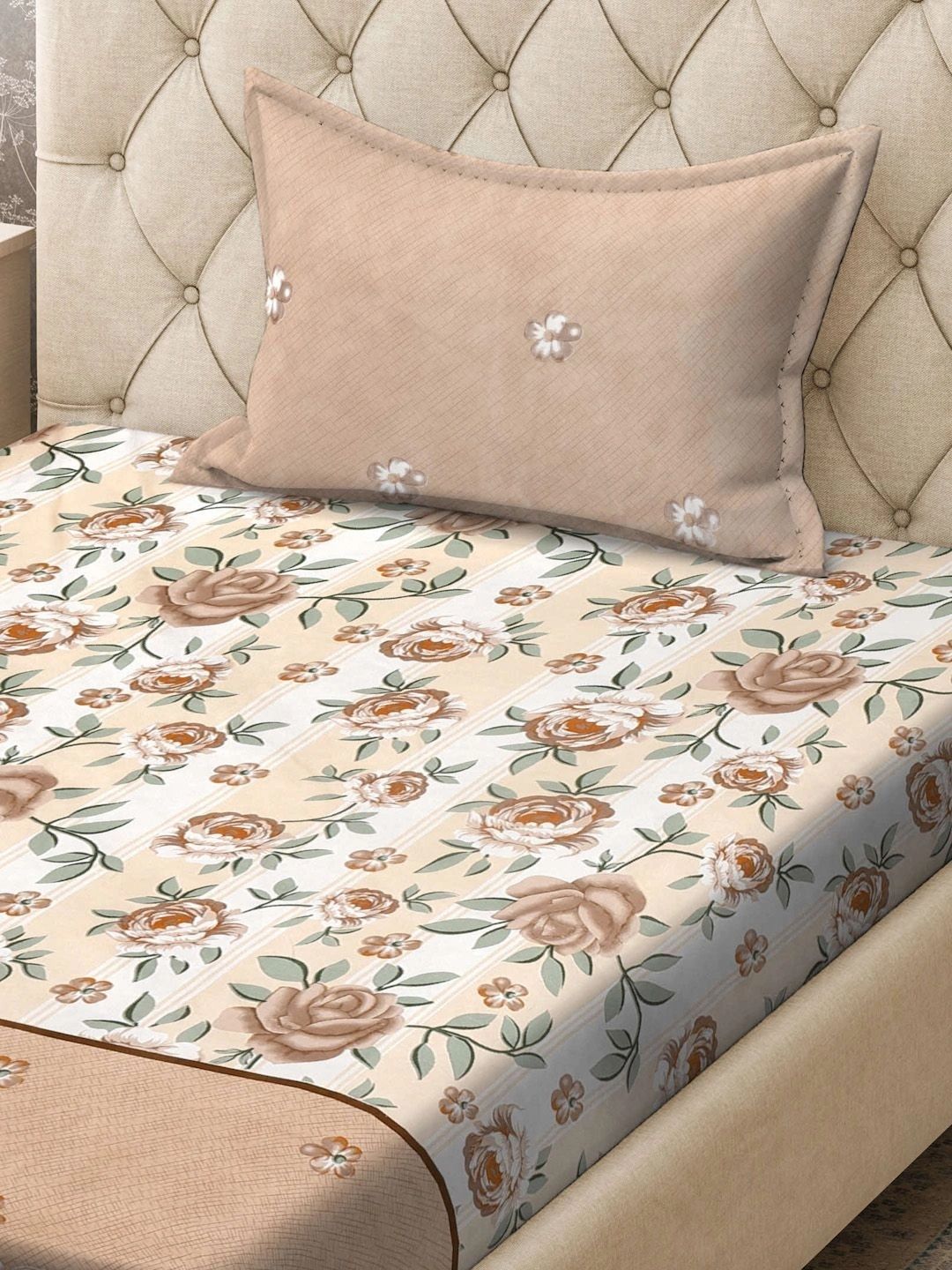 Myntra Elegant Homes Brown & White Floral 300 TC Single Bedsheet with 1 Pillow Covers