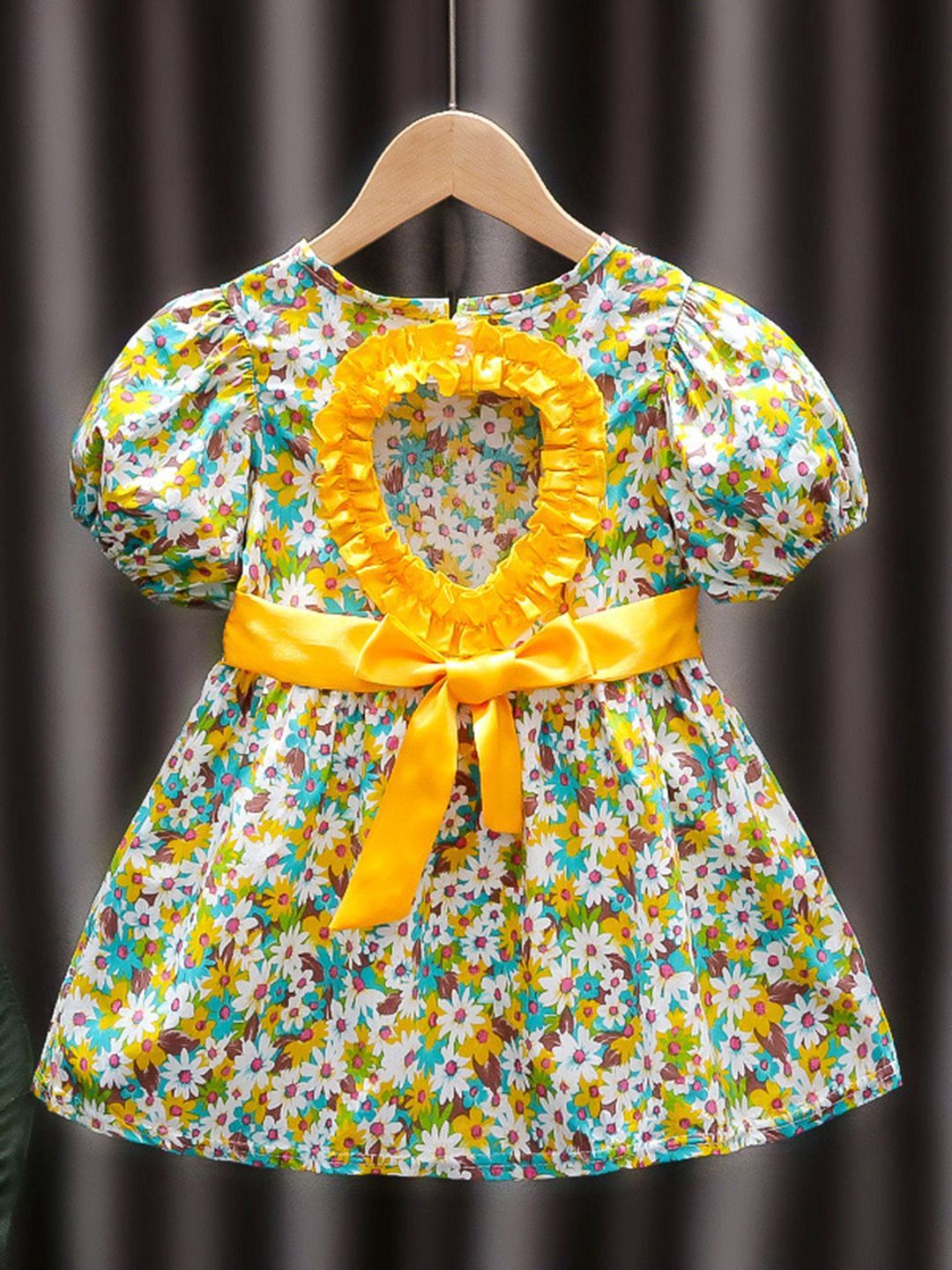 YK Girls Floral Printed Puff Sleeve Fit & Flare Dress