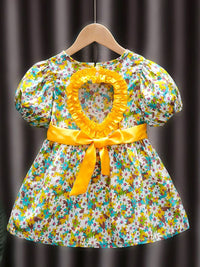 YK Girls Floral Printed Puff Sleeve Fit & Flare Dress