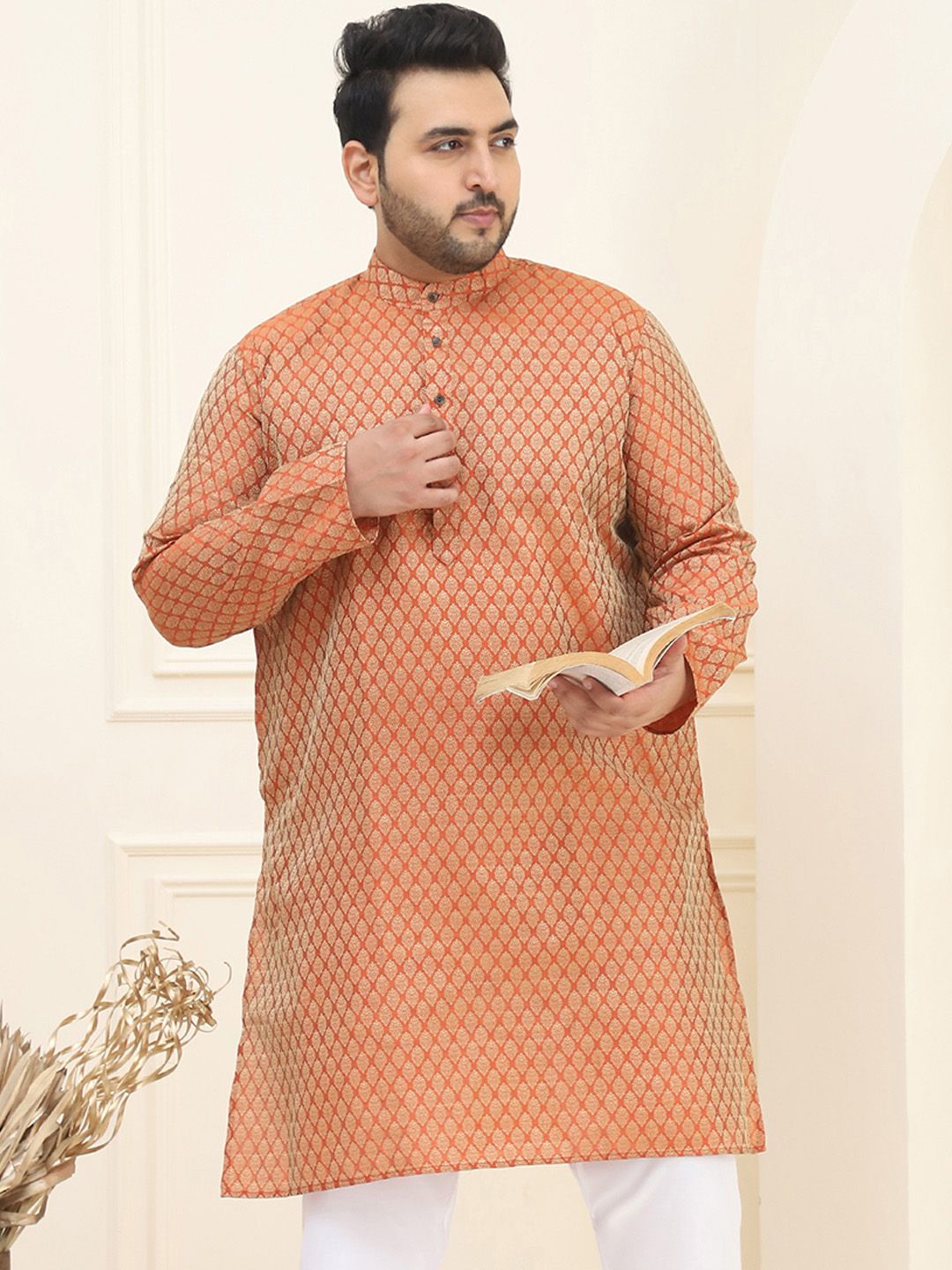 SOJANYA Plus Motif Etnik Rekaan Tenunan Kolar Mandarin Kurta Lurus Lengan Panjang