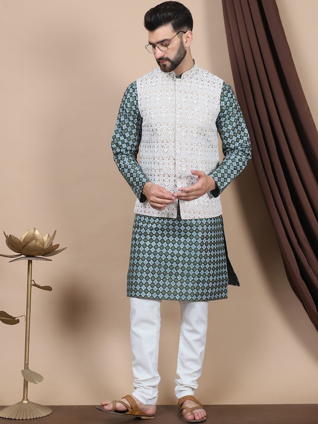 Anouk Floral Printed Regular Straight Kurta With Churidar & Nehru Jacket