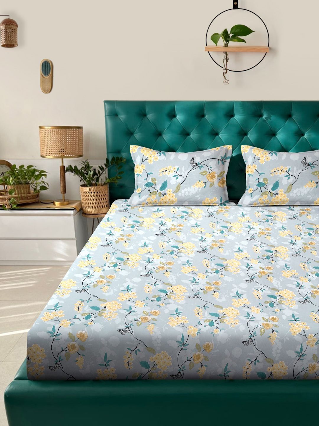 Myntra Elegant Homes Grey & Yellow Floral 300 TC King Cadar dengan 2 Sarung Bantal