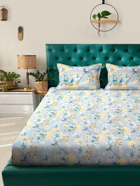 Myntra Elegant Homes Grey & Yellow Floral 300 TC King Cadar dengan 2 Sarung Bantal