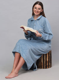 KLOTTHE Blue Shirt Collar Woollen Bath Robe With Belt