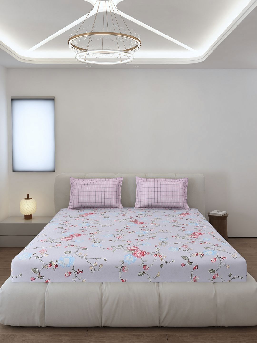 Monte Carlo Edmond Blue & Pink Floral Printed 144 TC King Bedsheet Set 2.70 m x 2.70 m
